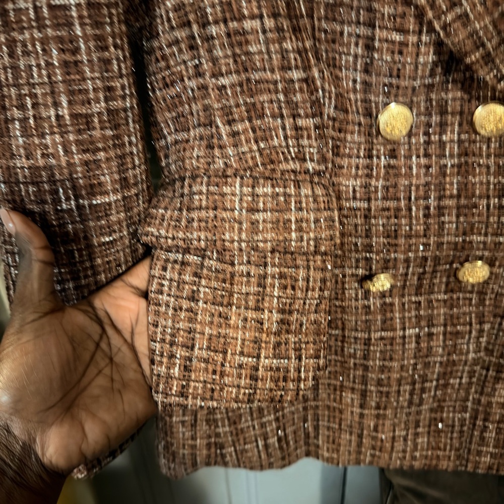 Double-Breasted Brown Tweed Blazer Jacket - Picture 8 of 9